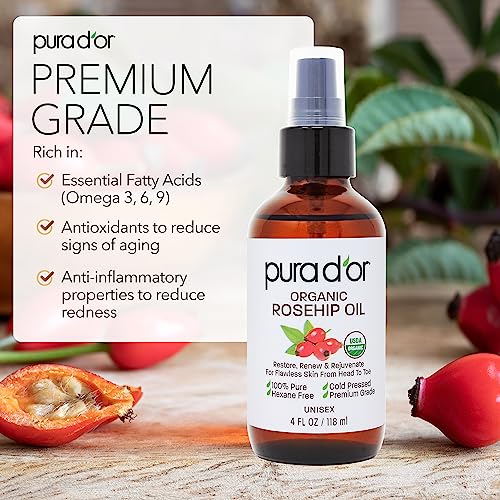 PURA D'OR 4 Oz ORGANIC Rosehip Seed Oil 100% Pure Cold Pressed USDA Certified All Natural Moisturizer For Anti-Aging, Acne Scar Treatment, Gua Sha Massage, Face, Hair & Skin, Women & Men