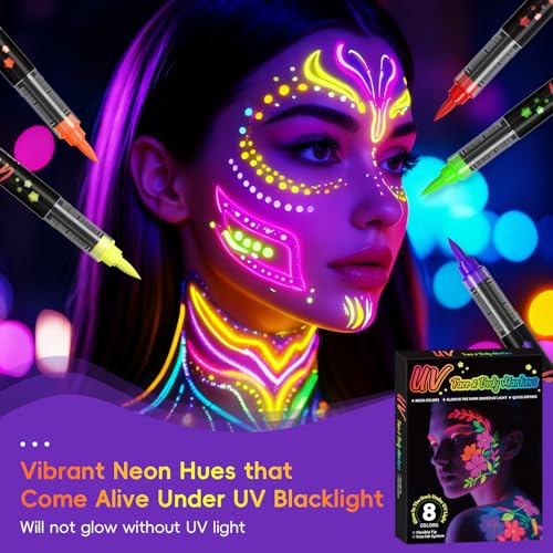 8-Color UV Neon Body Paint Pen Set - Luminous Face Tattoo Marker Kit
