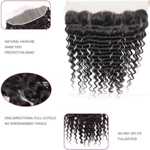 13x4 Lace Frontal Closure Deep Wave, 180% Density, 100% Brazilian Virgin Human Hair Ear to Ear HD Lace Frontal Pre Plucked Natural Black Color (13x4 Deep Wave, 20 Inch)