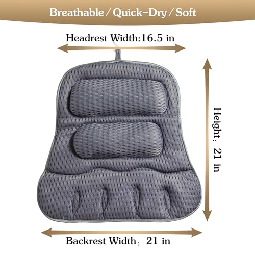 Luxury Bath Pillow for Tub, Dual Headrest & Back Support, 4D Air Mesh Quick-Dry Cushion, 10 Strong Suction Cups, Extra-Large Spa Bathtub Pillow Gift for Women(Grey)