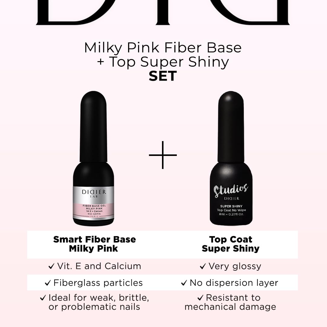 DIDIER LAB Premium Fiber Base and Top Coat Gel Nail Polish -Milky Pink Gel Base Coat Nail Polish and Long Lasting No Wipe Gel Top Coat Clear - LED UV Nail Polish Gel Set - Soak Off Gel Polish Kit 2pcs