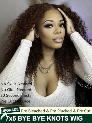 KLAIYI Reddish Brown Curly Glueless Lace Front Wig 22-Inch