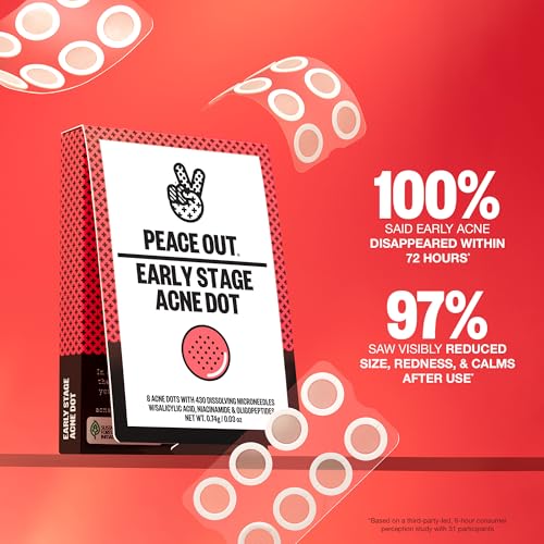 PEACE OUT Early Stage Acne Dots Helps Target Blemishes Below the Surface, Hydrocolloid Pimple Patches Minimize Bumps Before They Appear with Dissolving Microneedles, Salicylic Acid, 8 Count