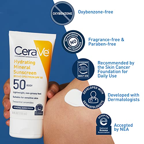 CeraVe Hydrating Mineral Sunscreen SPF 50 Body Travel Size 5oz - Broad Spectrum, Fragrance-Free, Dermatologist Developed