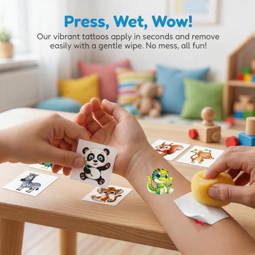 Large Temporary Tattoos for Kids, 80 Cartoon Animal Designs, 2" Stickers