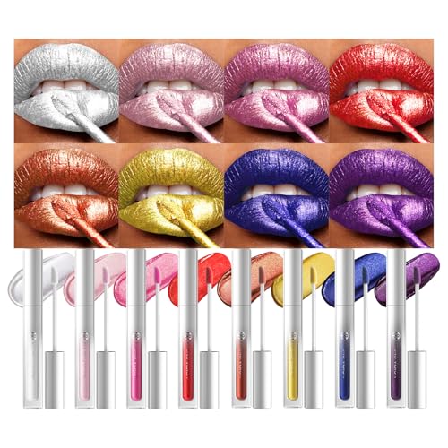 YOUNG VISION 8pc Metallic Lip Gloss Set - Waterproof Liquid Lipstick