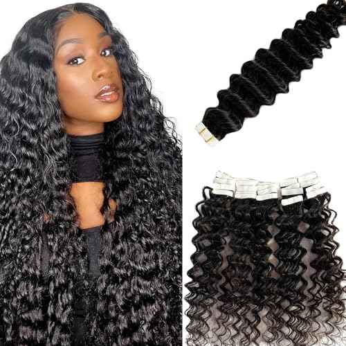 Tape in Hair Extensions Human Hair Deep Wave 26 Inch Black Hair Extensions Real Remy Human Hair Curly Tape ins for Black Women,20pcs Double Sided Invisible Tape Hair Extension 50g/pack
