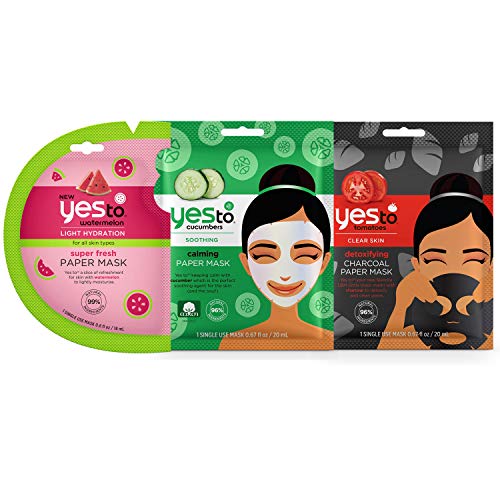 Yes To Watermelon, Cucumber & Charcoal Paper Mask Variety Pack, Refreshing, Detoxifying, & Calming Paper Masks Ideal For All Skin Types, With Antioxidants, Natural, Vegan & Cruelty Free, 3-Pack