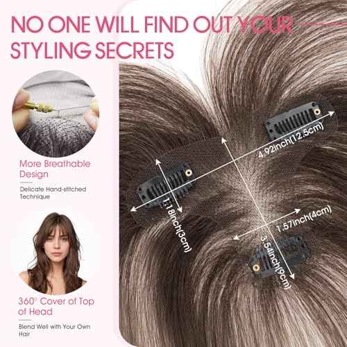 Hairro Human Hair Toppers with Wispy Bangs, 3D 360¡Æ Seamless Real Hair Toppers, Hand-Tied with 3.5"x4.7" T-shaped Base, Clip-In Hairpieces to Add Volume on Top, 11 Inch Dark Brown