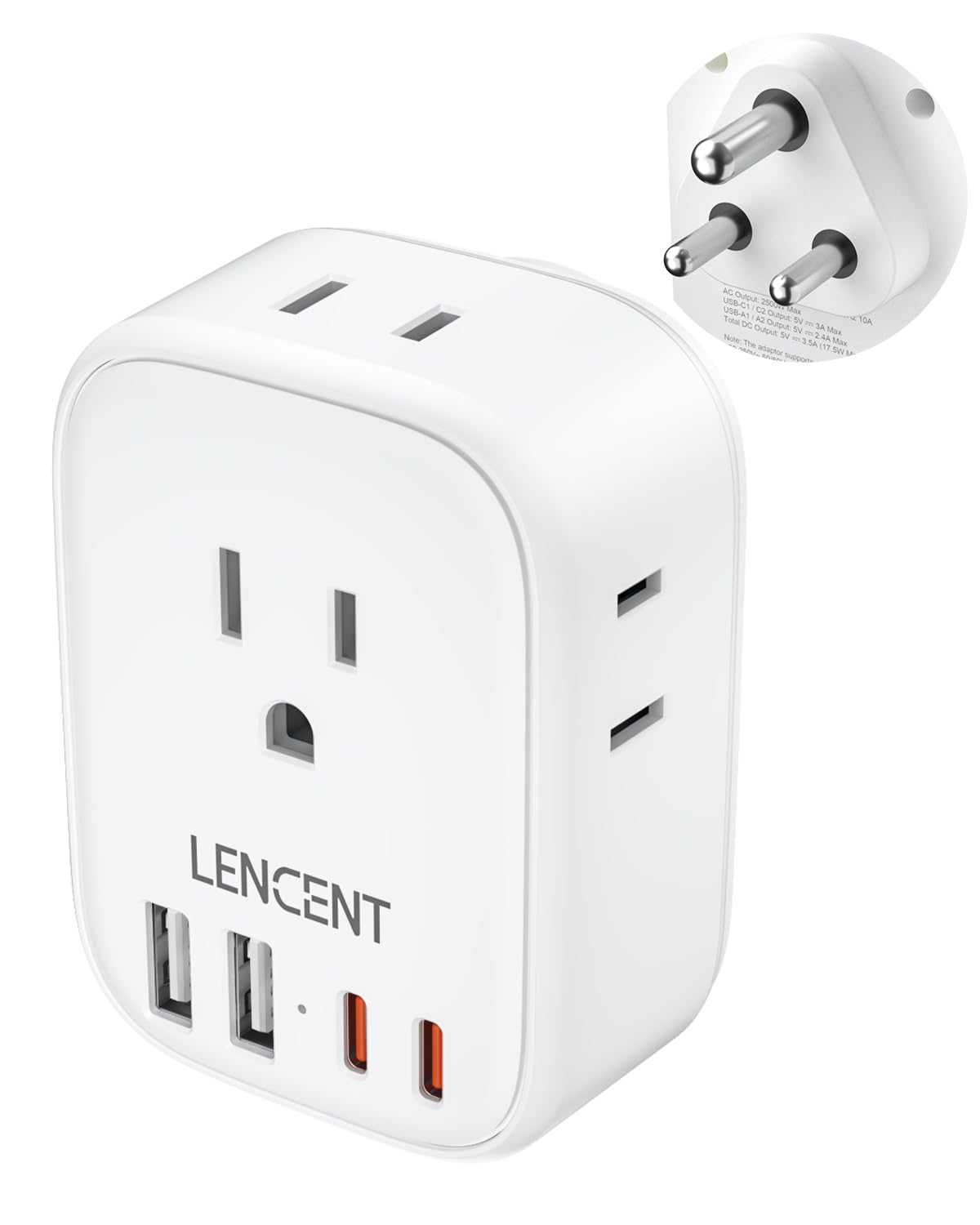 LENCENT US to India Power Plug Adapter, Indian Travel Adaptor with 4 Outlets, 4 USB Charger(2 USB C), Type D Plug Converter for USA to India Nepal Bangladesh Maldives Pakistan, Safe Grounded