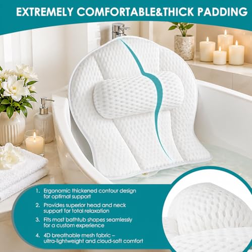 Ergonomic Bath Pillow with Neck & Back Support – Non-Slip Suction Cups