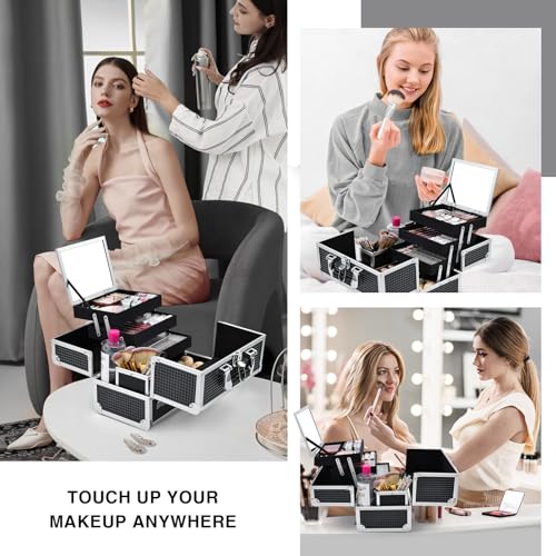 Joligrace 3-Tray Makeup Case with Mirror & Brush Holder