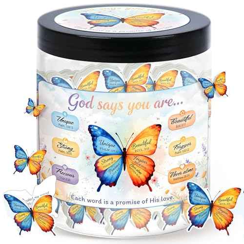 Positive Butterfly Jar ? Christmas Gift 60 Christian Affirmation Cards, Jesus Scripture Bible Verse Jar, God Says You Are, Faith-Based Religious Spiritual Christian Butterfly Gift for Women, Teens