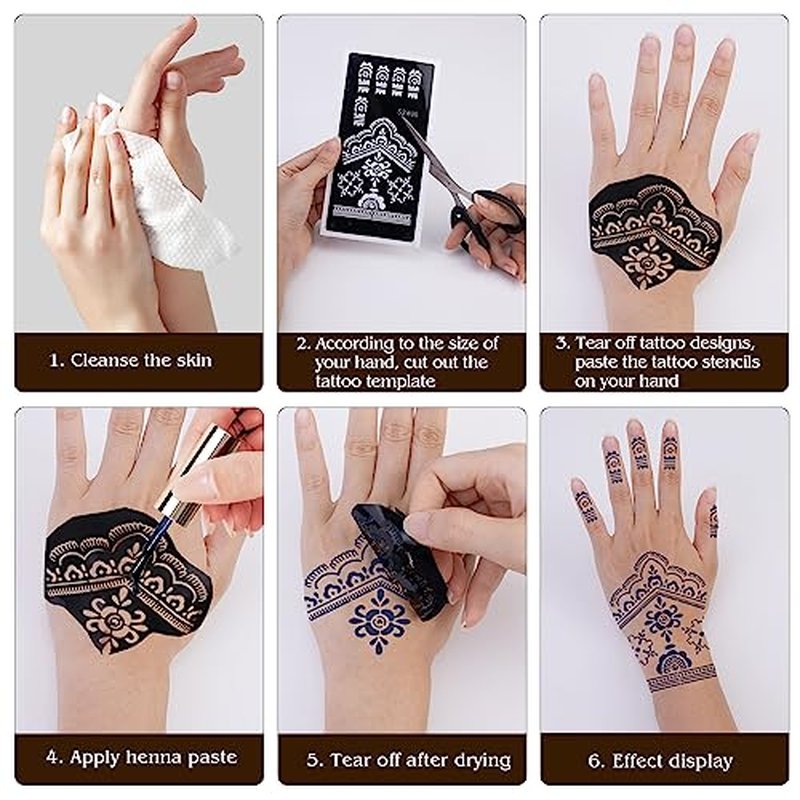 12 Sheet Henna Tattoo Stencil Kit for Hands - Kids & Adults
