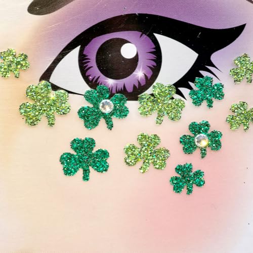St. Patrick's Day Glitter Face Stickers - Green Shamrock Gems