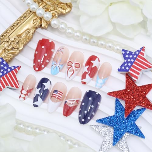 4th of July Press On Nails Medium Almond Red White Blue French Tip 30Pc