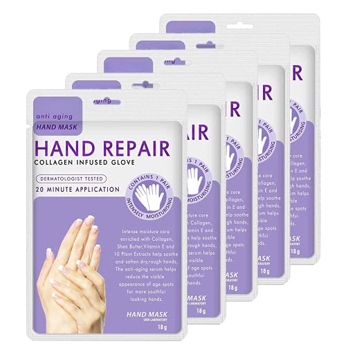 Collagen Moisturizing Hand Mask Gloves for Dry Cracked Hands - 5 Pairs