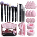 BS-MALL Makeup Brush Set with Waterproof Travel Bag & Makeup sponges -26 Pcs Set Triangle Puff & Face Washing Puffs,Face Wash Headband Wristband for Travel Go Camping Gift & Makeup Beginners (Pink)