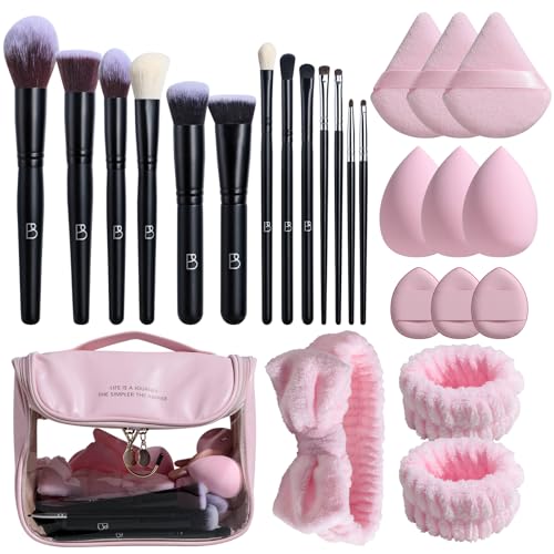 BS-MALL Makeup Brush Set with Waterproof Travel Bag & Makeup sponges -26 Pcs Set Triangle Puff & Face Washing Puffs,Face Wash Headband Wristband for Travel Go Camping Gift & Makeup Beginners (Pink)