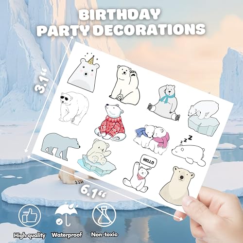 96PCS Polar Bear Temporary Tattoos ? Winter Arctic Theme Birthday Party Decorations, Cute Animal Stickers for Kids Boys Girls, Party Favors, School Prizes & Gifts