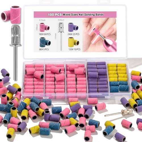 Nail Drill Bits 100 Pcs Sanding Bands for Nail Drill, Nail Tips for Drill Bits Nail Tech, Mix 80#120#180#240# Fine Grit File Sanding Bands for Acrylic Gel Manicures and Pedicure