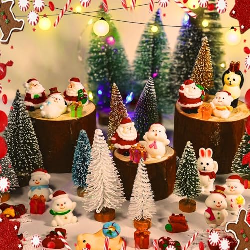 Warmtree 80PCS Christmas Miniature Figurines, Mini Resin Christmas Ornaments Mini Trees Mini Christmas Figures Snowman Santa Clause Ornament for DIY Christmas Decor Fairy Garden and Snow Globes