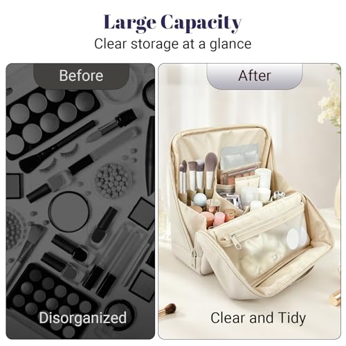 Large Waterproof Makeup Bag with Clear Dividers & Handle