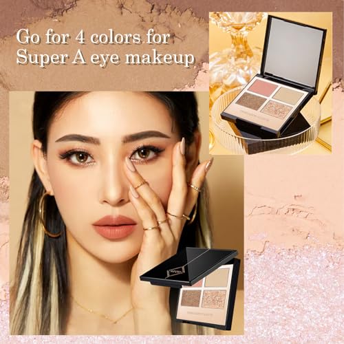4 Colors Gold Eyeshadow Palette,Glitter Pink Brown Eye Shades,Glossy Shimmer Eyeshadow Palette Neutral Daily Eyeshadow Makeup High Pigment Smooth Powder