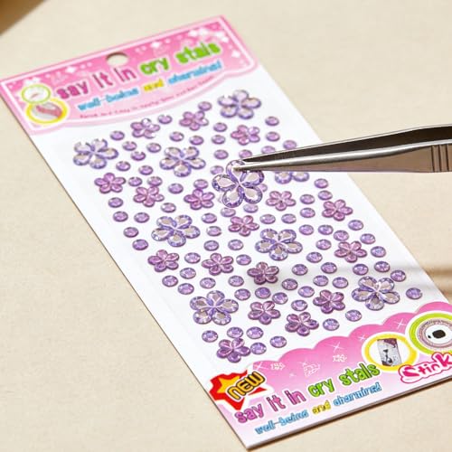 Purple Flower Face Gems Stickers - 2 Sheets Self Adhesive Rhinestones