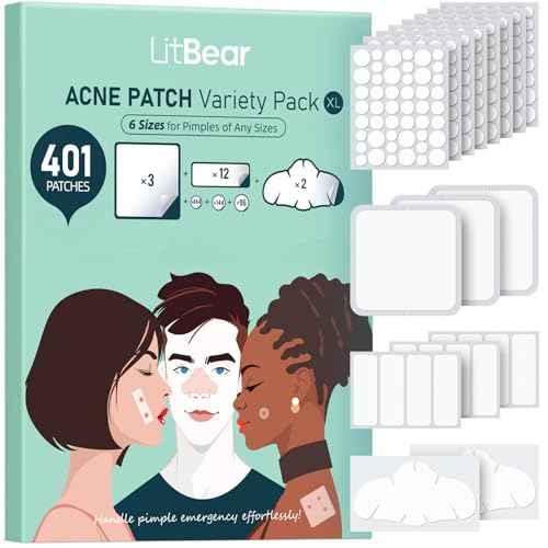 LitBear Large Pimple Patches for Face (6 Sizes 401 Counts), Big Hydrocolloid Acne Patches, XL Hydrocolloid Bandages for Body, Cheek, Forehead, Chin, Full Face, Back, Nose
