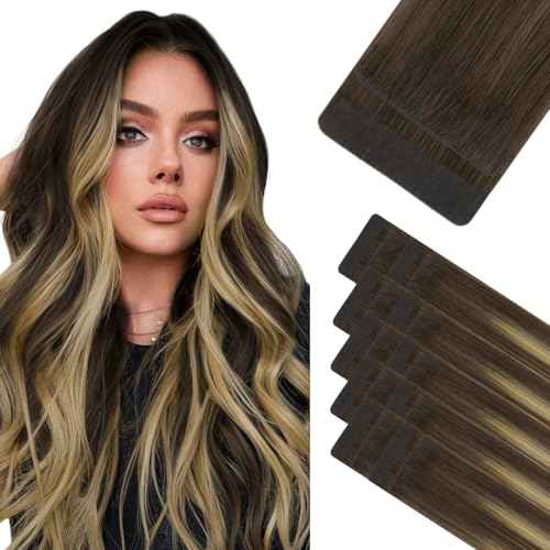 HOTBANANA Invisi Edge Tape in Hair Extensions Human Hair, 16inch 50g 10pcs Invisible & 10pcs Classic Chocolate Brown Mixed Caramel Blonde Balayage Seamless Tape in Hair Extensions Straight Injected