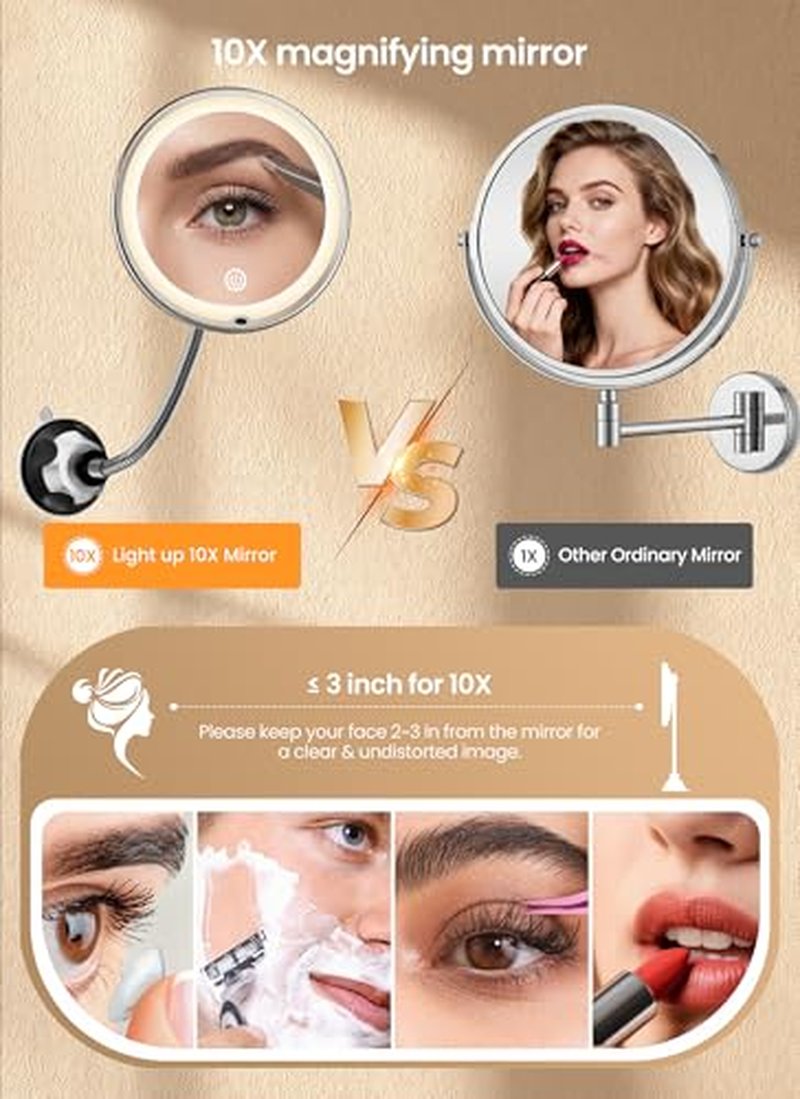 10x Magnifying Makeup Mirror with Lights & 3 Modes