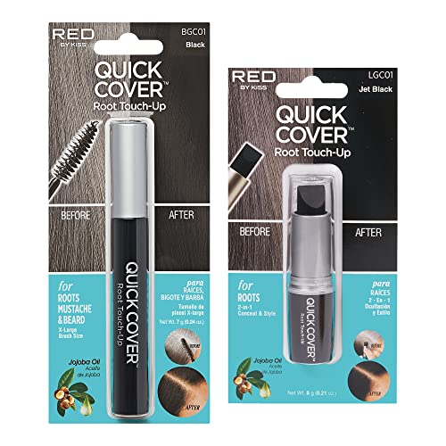 RED by Kiss Quick Cover Gray Hair Touch Up, Moisturize and Shine, Brush Type & Stick Type Set (Black)