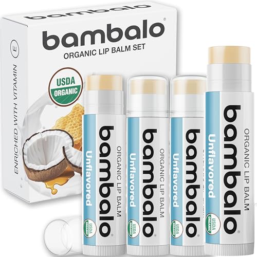 USDA Organic Lip Balm Unflavored 4-Pack by Bambalo ? Beeswax, Coconut Oil, Vitamin E ? Gentle Lip Repair Chapstick for Dry Lips ? Moisturizing Care for Men and Women