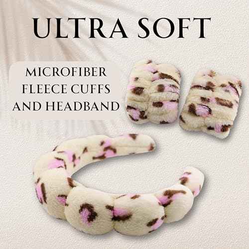 Spa Headband Wrist Band for washing face set Sponge Makeup Skincare Headband Wrist Towels Bubble Soft Terry Towel Cloth Hairband for Women Puffy Headwear Non Slip Thick Thin Hair Headwear (Leopard)