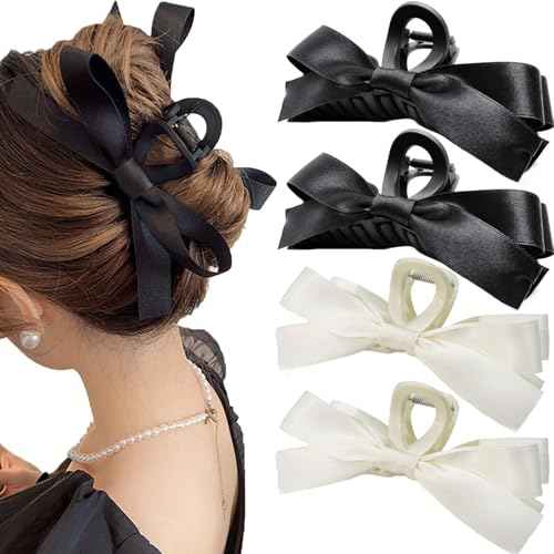 Sizobi Women's Hair Accessories: 4PCS Large Bow Claw Clips for Thick, Thin, Long or Curly Ponytails - Strong Hold, White & Black