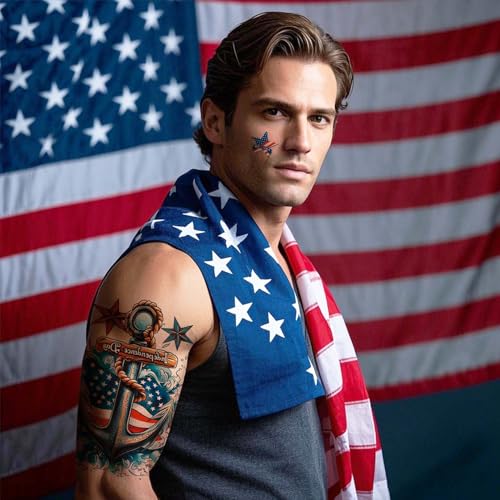 32 Sheets Independence Day Temporary Tattoo, USA Flag Patriotic Waterproof Fake Tattoos, Red White Blue Party Supplies Temp Tattoo Kits 4th of July Memorial Day, Veterans Day Summer Festivals