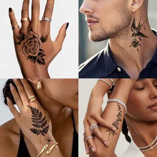 200+PCS Temporary Tattoos for Women, Waterproof Black Realistic Rose Hummingbird Necklace Tattoos Sketch Fake Tattoo for Women Body Art Arm Neck Hands Chest Neck Collarbone Spine Back