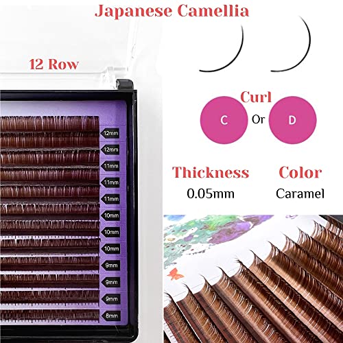 Lash Extension Supplies, 2 Trays 12 Rows Volume Eyelash Extensions, Soft Faux Mink Individual Lashes, Japanese Camellia Natural Series, 0.05-D, 10mm & 11mm, Caramel