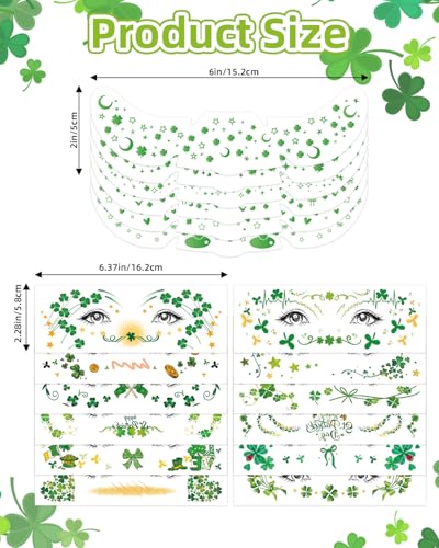 18pc St Patrick's Day Face Tattoos, Green Shamrock Glitter