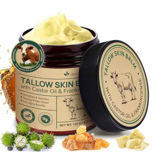 Beef Tallow Balm with Frankincense and Castor oil 4.2 fl.oz, 100% Grass-Fed Tallow for Skin Care, Face & Body Moisturizer for Skin Hydrating & Nourishing, Sensitive Skin & Dry Skin Age Defying