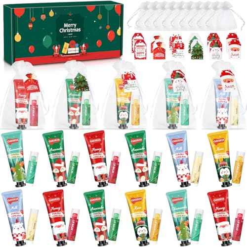 12 Sets Christmas Bulk Gifts For Women, 48 pcs Christmas Hand Cream Lotion & Lip Balm Gifts Set with Organza Bags, Tags for Party Favors, Ideal Christmas Gifts for Women, Coworkers, Teachers