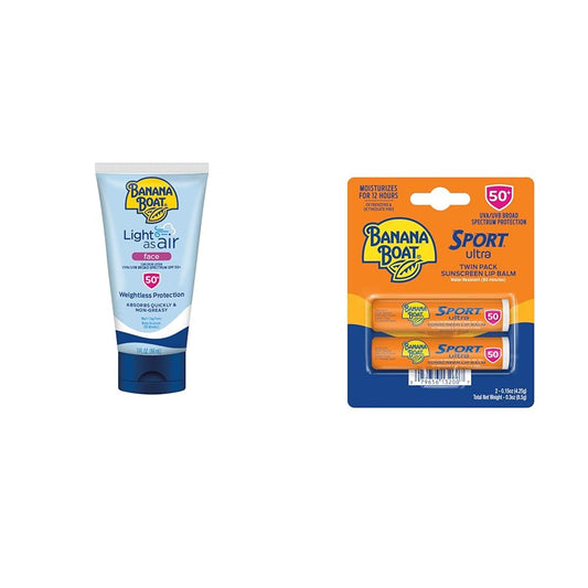 Banana Boat Light As Air Face Sunscreen SPF 50 3oz & Sport Ultra Lip Balm SPF 50 Twin Pack | Face & Lip Sunscreen Bundle