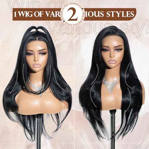 Joedir 28" Long Straight 13x4 Lace Frontal Wigs for Black Women Free Part Lace Front Wigs with Baby Hair Natural Hairline Black Root Easy-360 Synthetic Hair Wig Heat Resistant Fiber (Jet Black)