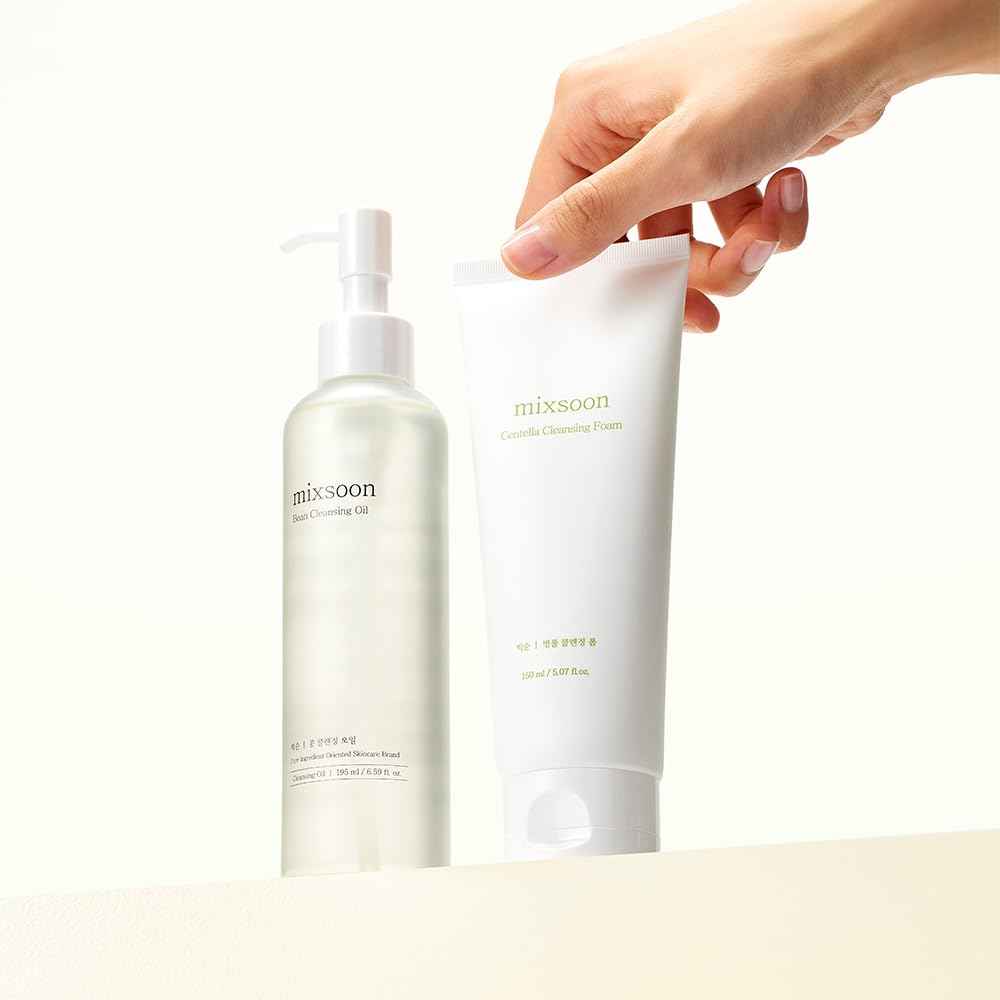 mixsoon Double Cleansing Set- 2-Step Routine, Centella Foam & Bean Cleansing Oil, Gentle Deep Clean and Hydrating Care 150ml / 5.07 fl.oz., 195ml / 6.59 fl.oz. Korean Glass Skin Care