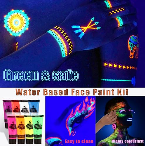 UV Neon Body Paint Kit, 8 Fluorescent Colors with 10 Brushes