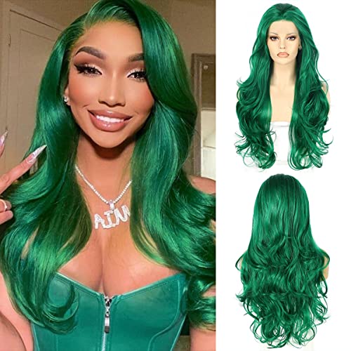 Dark Green Lace Front Wig 13x3 Synthetic Lace Front Wigs Loose Curly for Women 24 Inch Long Wavy Daily Party Use Body Wave Heat Resistant 150% Density