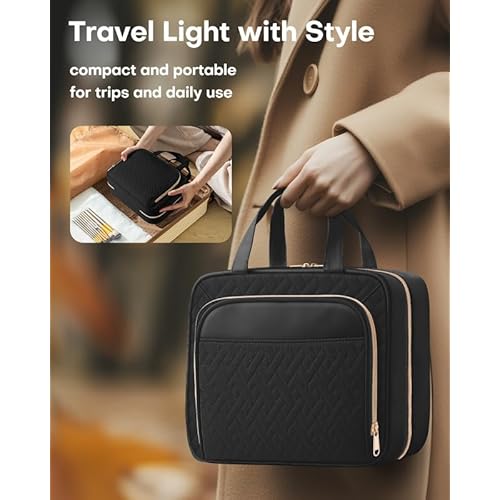 HOTOR Travel Toiletry Bag for Women & Men, Waterproof Makeup Bag with Hanging Hook and Multiple Pockets, Cosmetic Bags for Women, Travel Essentials, 12.6'' x 4.3'' x 9.9'', Black