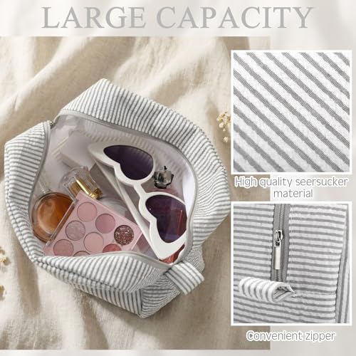 Sanwuta 3-Piece Seersucker Makeup Bags - Travel Toiletry Organizer