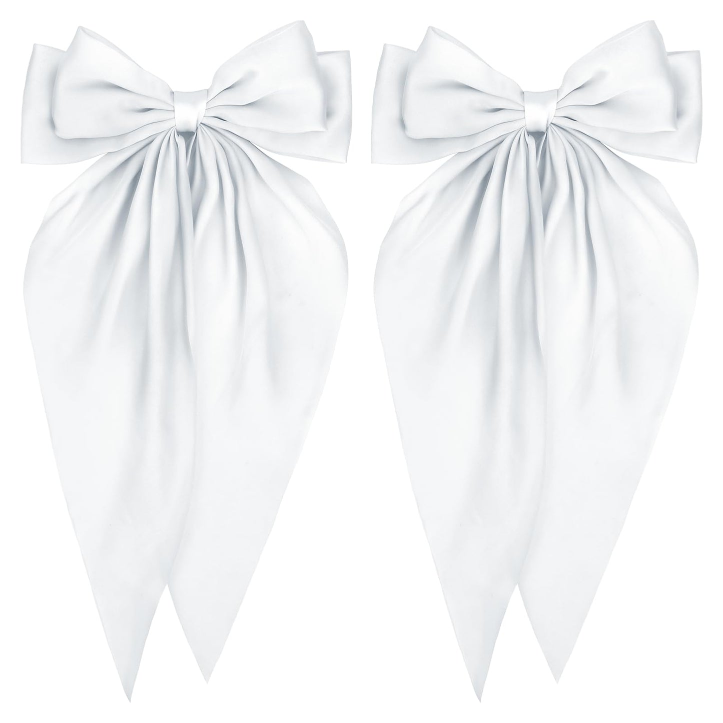 YISSION Large Silky White Satin Bow Hair Clips with Long Tail - 2Pcs Cute Hair Accessories for Women and Girls